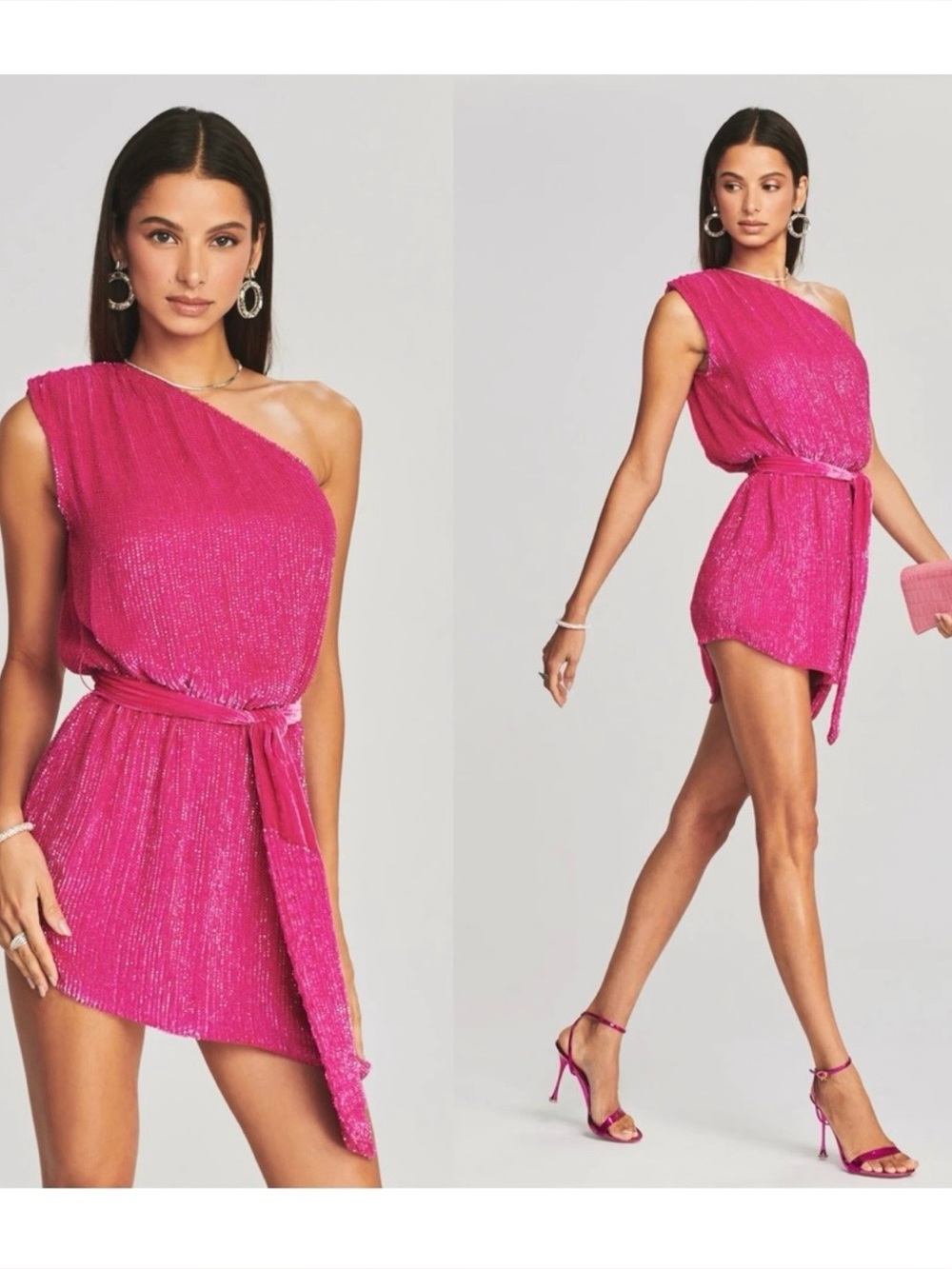 Retrofit One-Shoulder Hot Pink Shimmer Mini Dress